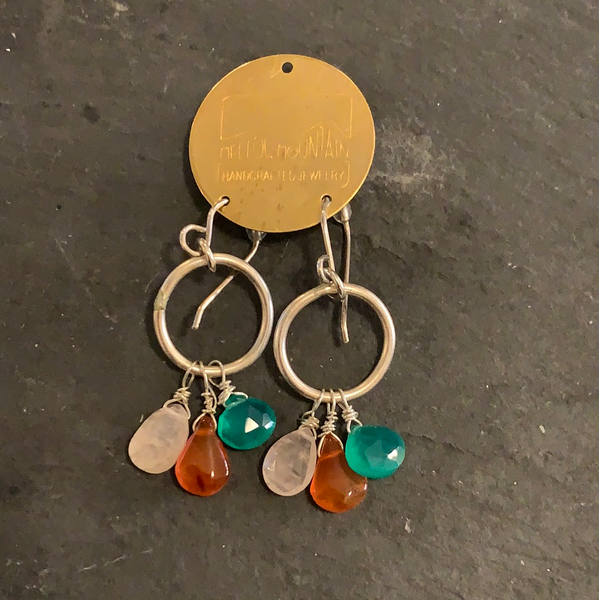 Rose quartz, carnelian and chalcedony silver hoops
