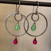 Silver hoops with green and pink gems